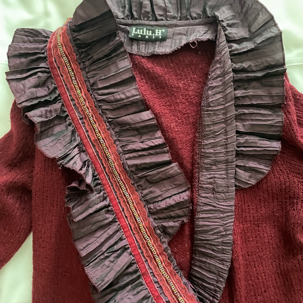 Ruby Red Ruffled Wrap Cardigan - Julia H - Picture 2 of 4